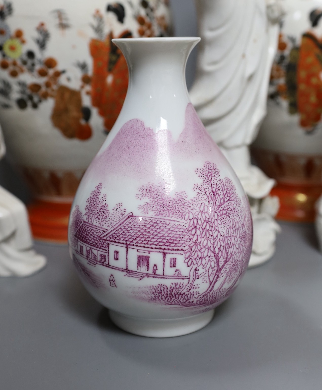 4 Chinese blanc-de-chine figures, a Chinese puce enamelled vase and a pair of Japanese Kutani vases, vases 32cms high